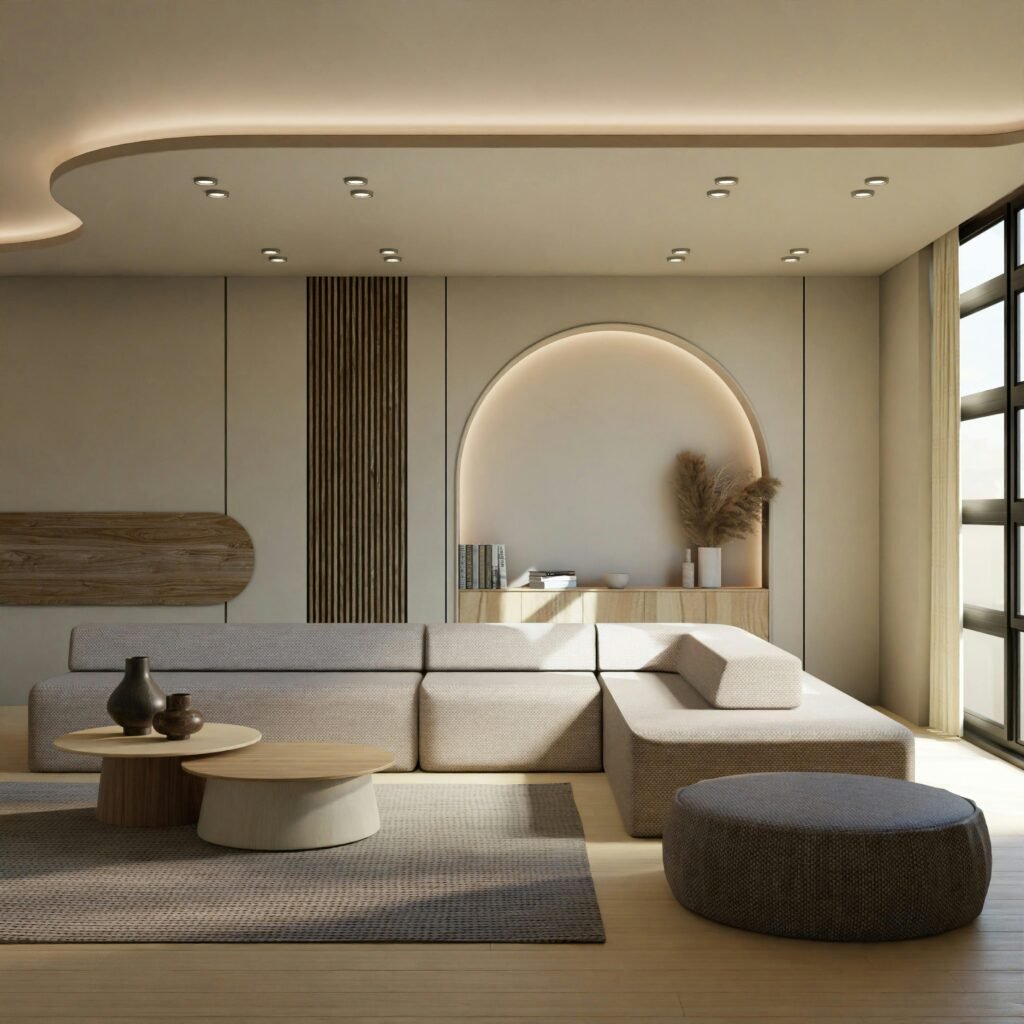 Stylish minimalist living room with neutral tones and contemporary furniture.